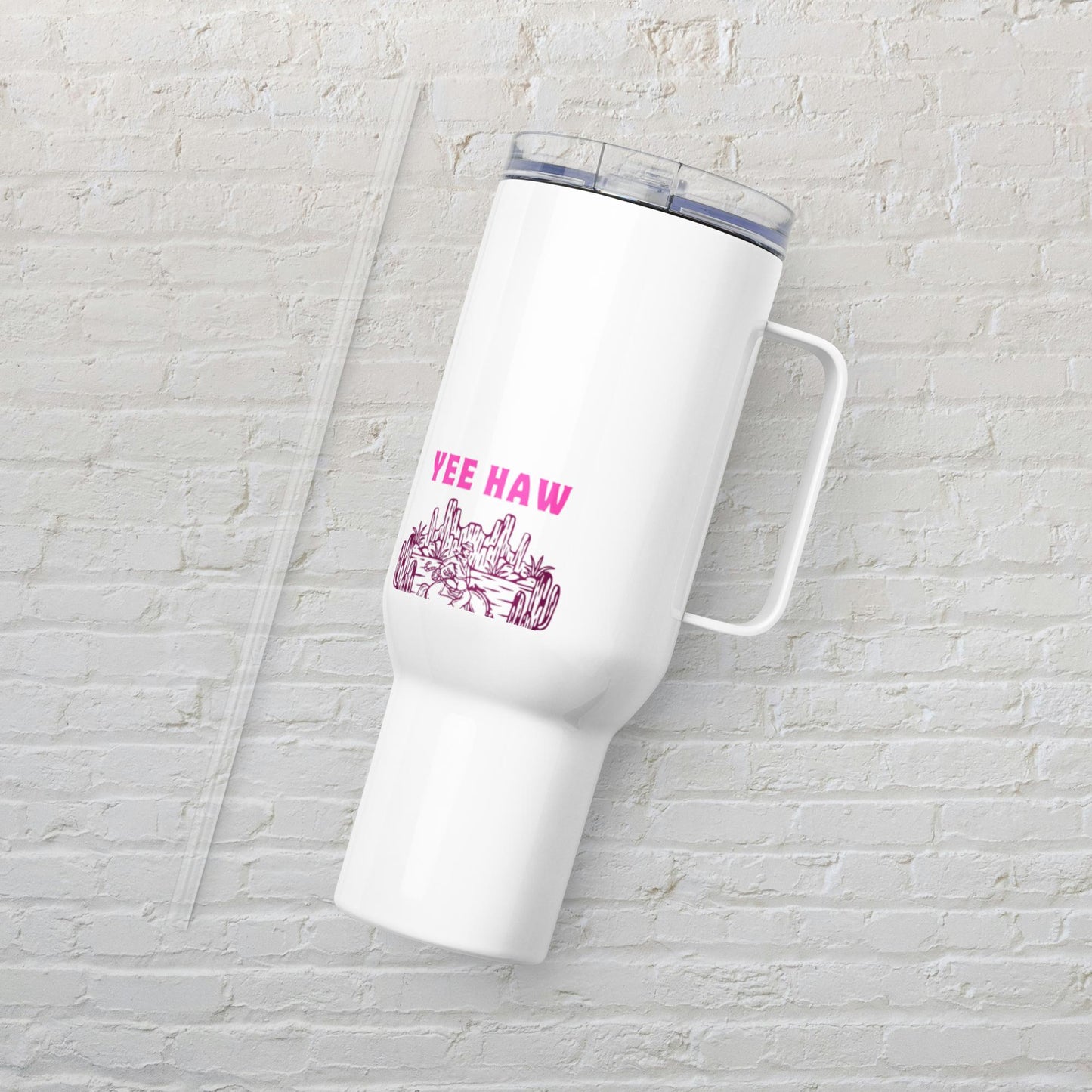 "Yee Haw - Prickled Pink Plants" Travel mug with a handle